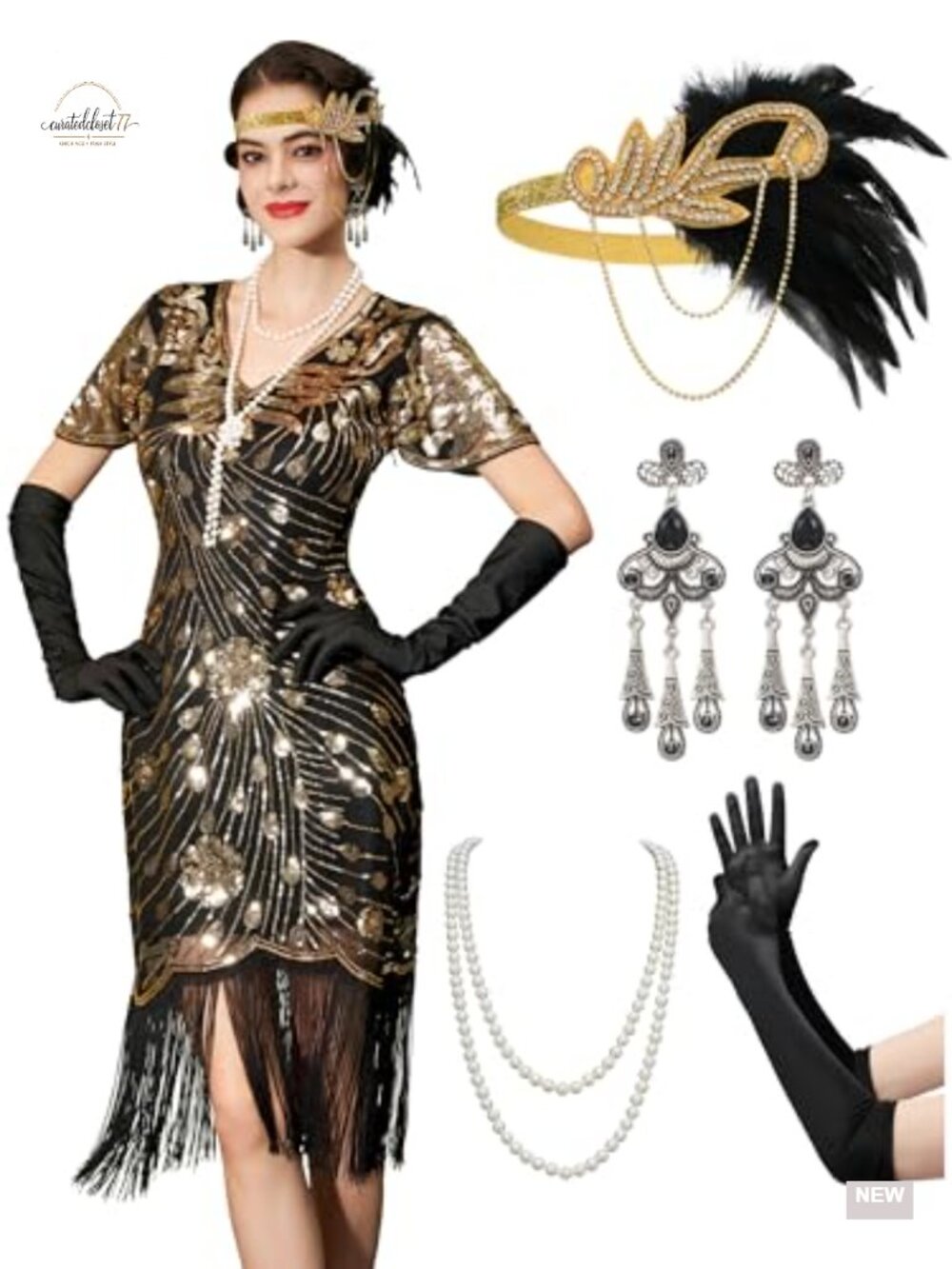 Roaring 20s Fringe Flapper Dress with Accessories, V-Neck Short Sleeve Sequin